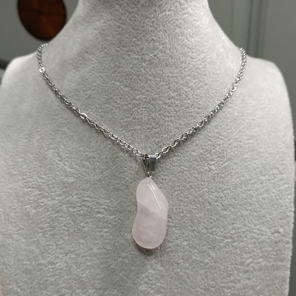 Rose Quartz Necklace Natural Gemstone Pink Crystal Pendant Stainless-Steel Chain - Picture 10 of 17